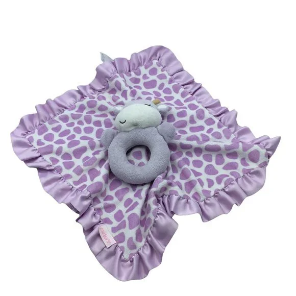 Carter's Hippo Lovey Security Blanket Rattle Satin Back 14" X 14" - Picture 4 of 4